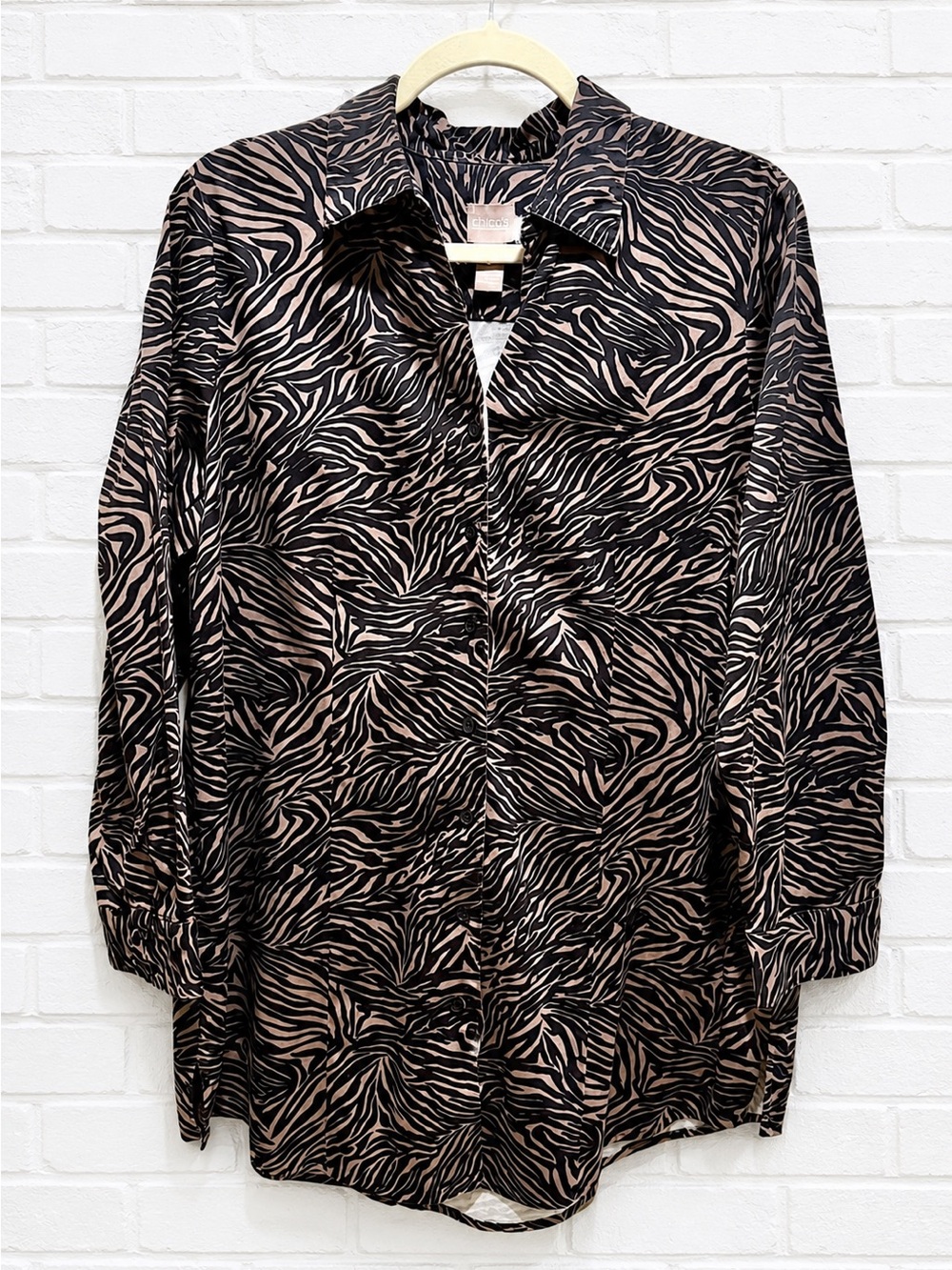 Chico’s Animal Print Button Down Blouse Black Taupe Long Sleeve